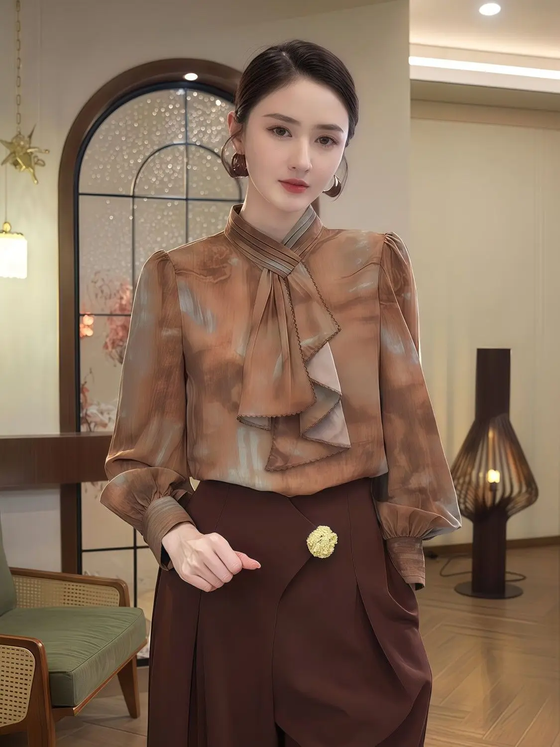 

Women's High-End Fashionable Long-Sleeved Ribbon Tie-Dye Blouse