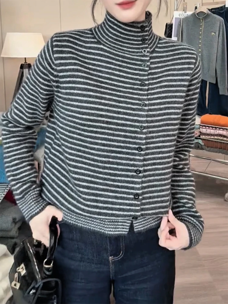 

Корейский вязаный кардиган в полоску с высоким воротником, осенне-зимняя новинка, большие размеры, стройнящий универсальный топ