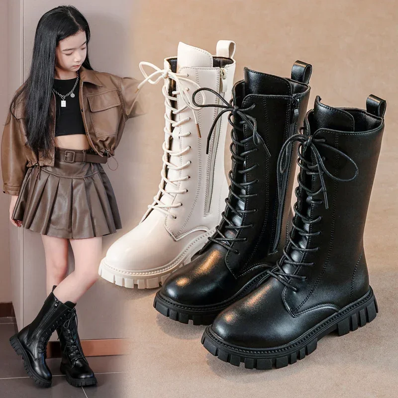 Autumn/Winter ZIP Fashion Cool Baby Girls Warm Square Heel Round Toe Casual Lace-Up Comfortable Kids Black Mid Boots