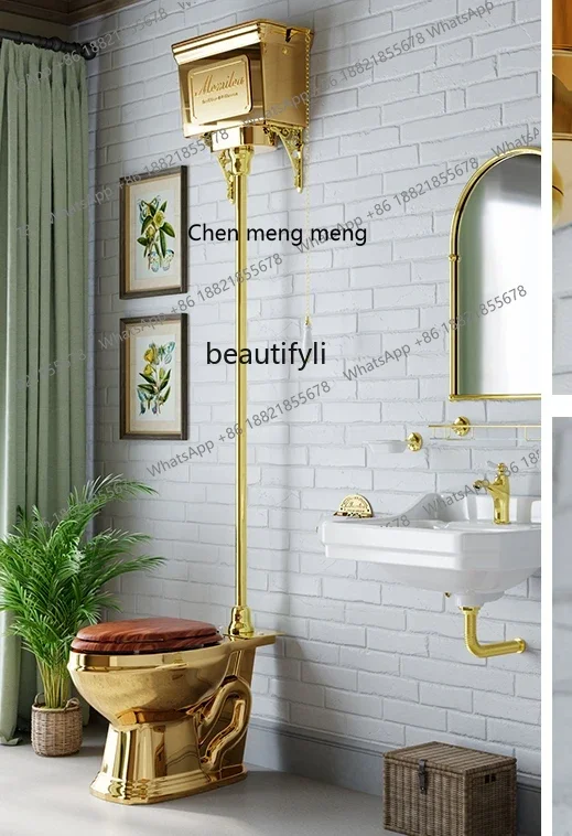 

ss 8350 European Style Parvenu Gold Toilet French Retro High Water Tank Toilet Personalized Color Gold Plated