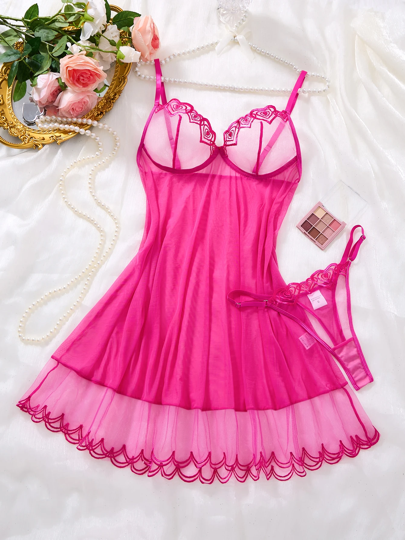 Ladies Hot Pink Sheer Mesh Babydoll Nightgown Floral Lace Embroidery Chemise Lingerie Set With Matching Panty ZA825181 image 2