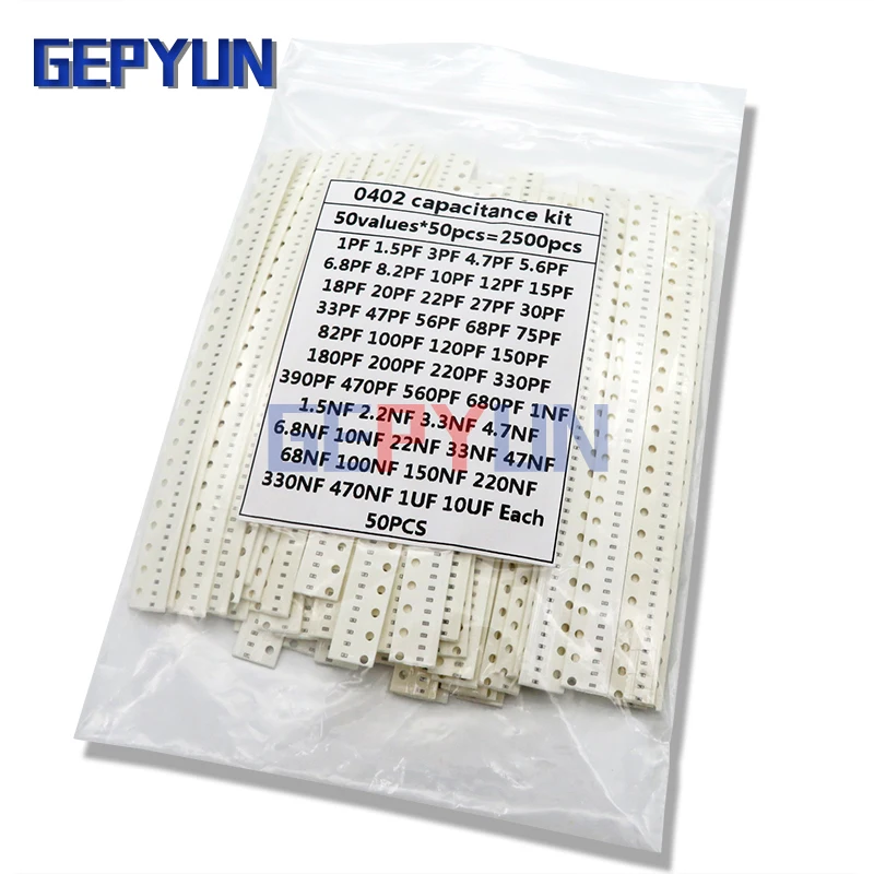 

0402 SMD Ceramic Capacitor Assorted Kit 1pF~10uF 50values*50PCS=2500PCS Chip Ceramic Capacitor Samples ki