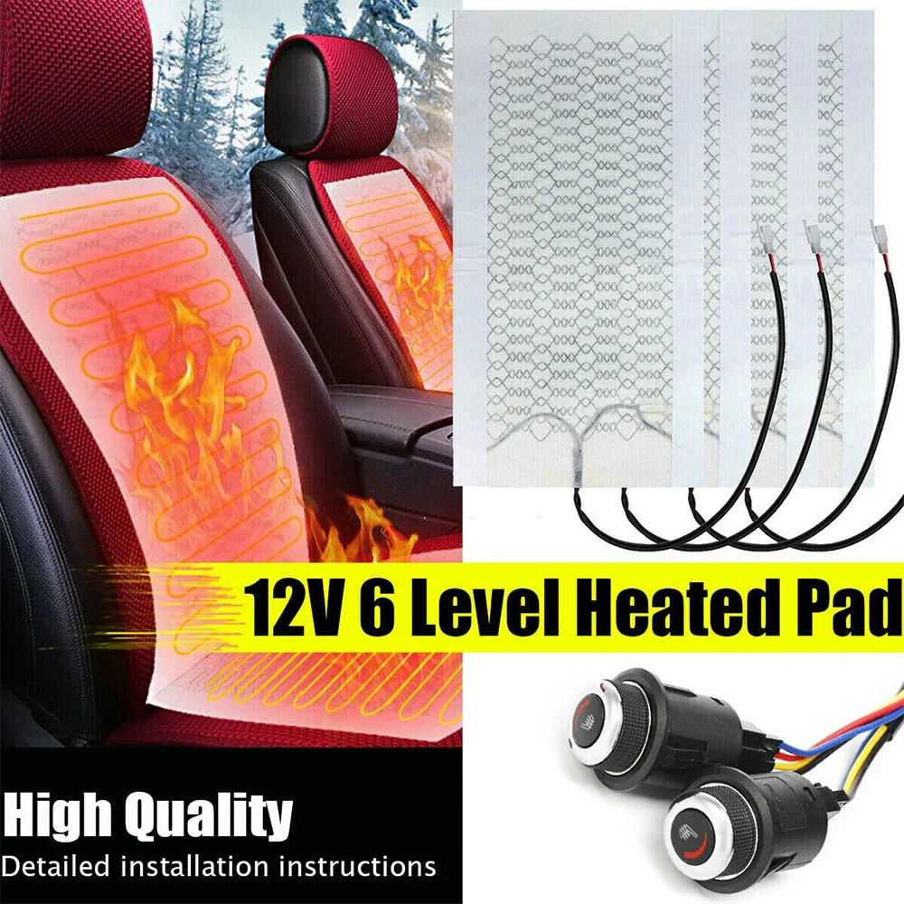 ATVOV 12V 2 Seats 4 Pads 6 Level Universal Car Seat Heater Heat Pads Carbon Fiber Heated Heating Cushion Switch Winter Warmer