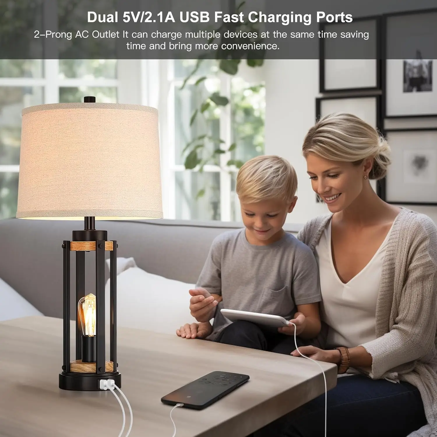 Ensemble de 2 lampes de table de ferme, lampes de chevet rustiques vintage de 26 pi avec chargement USB et veilleuse, ampoules incluses