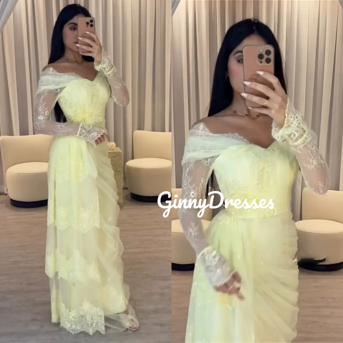 

A-Line Yellow Lace Customize Wedding Party Dress Off-The-Shoulder Floor-Length Dresses For Prom Zipper Up Long Sleeves Vestidos
