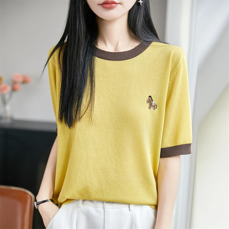 

Summer New Women's Short Sleeve Round Neck Knitted 100% Lyocell T-shirt Basic Women's Pullover Short Sleeve Fashion Hot Sale