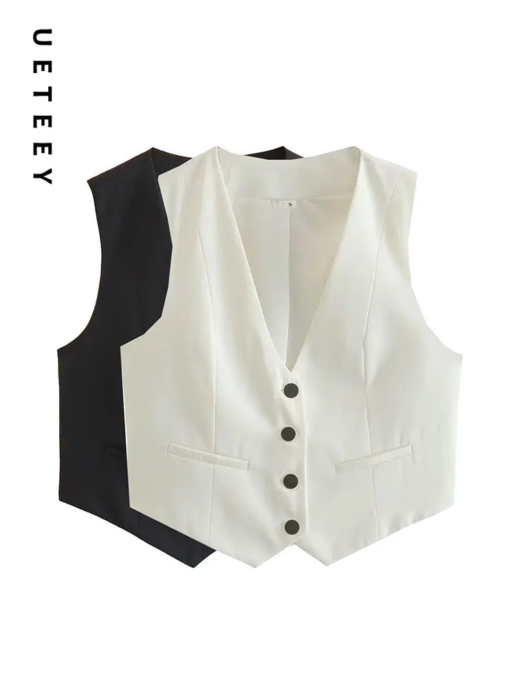 UETEEY Cropped Vest Women Waistcoat Fashion Buttons Tops Vintage V Neck Sleeveless Coats Outerwear White Black Chic Jacket