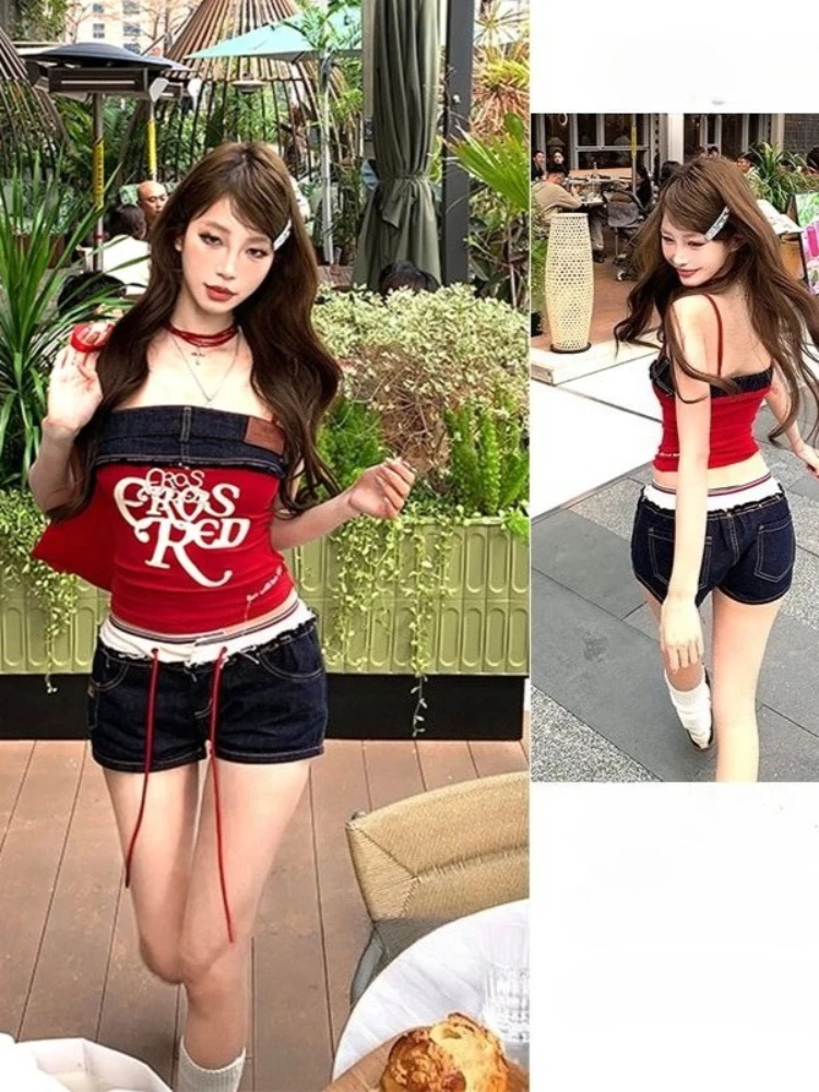 

Женский комплект из 2 предметов в американском стиле ретро Y2k Harajuku, жилет на бретельках в стиле панк + дизайнерские джинсовые короткие брюки, сексуальные винтажные повседневные летние наряды 2025