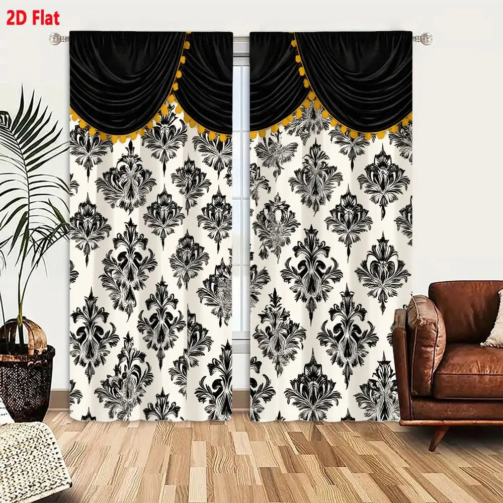 2Pcs Curtains 2D Flat Baroque Black And White Damask Wallcovering With Gold Tassels And Cream Background Window Drapes for Bedro