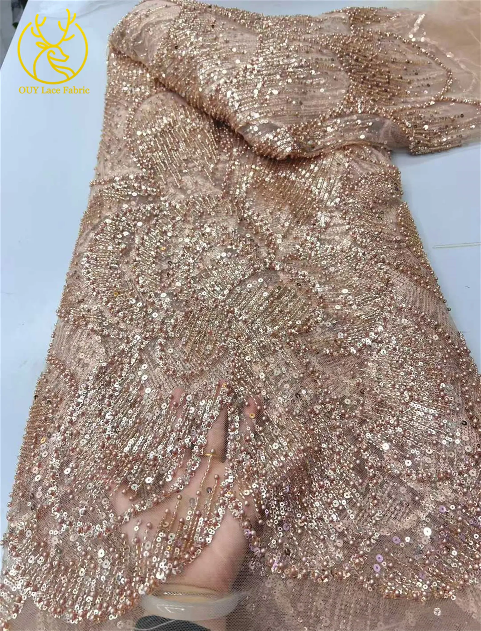 Marineblauer Luxus Hochwertiger Bestickter Perlen-Pailletten-Spitzenstoff Modischer Französischer Tüll-Netzstoff für Party und Hochzeit – Detail 14