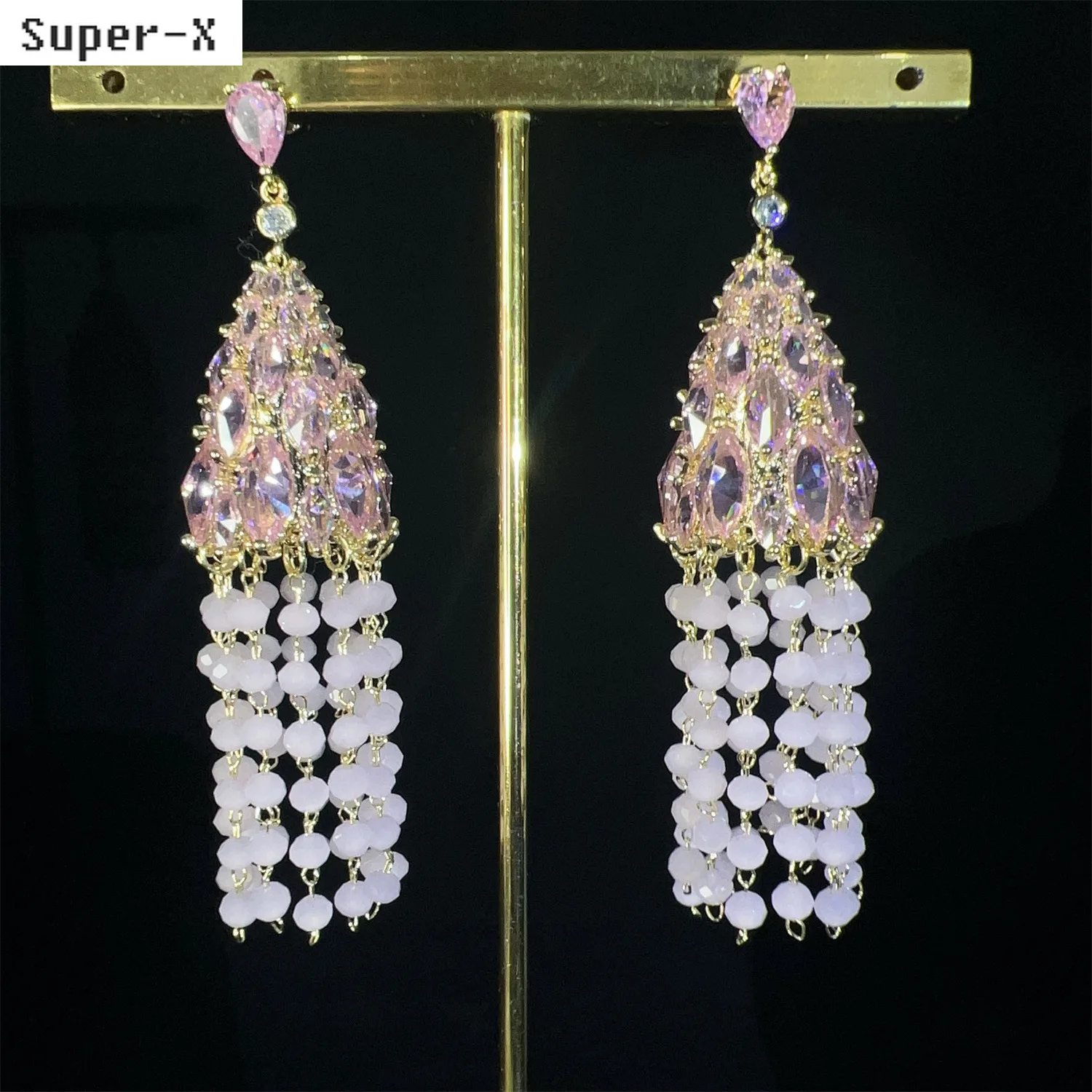 Long Tassel Earrings for Women Wedding Party Gala Event Luxury Jewelry Red White Pink Zircon Dangling Earrings Teardrop Design