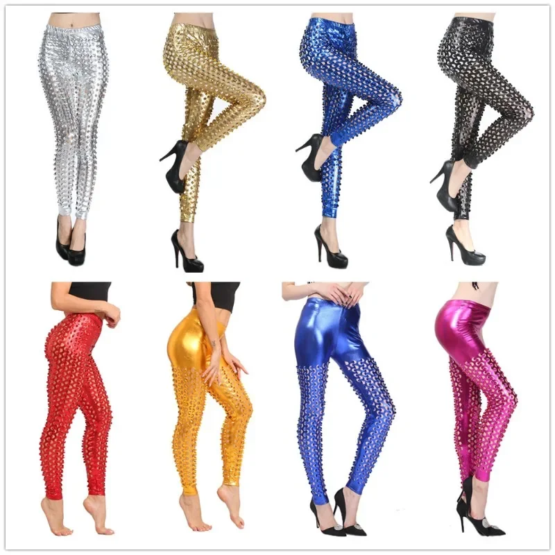 Oco sexy clubwear calças leggings brilhantes calças femininas estiramento corpo de fitness elástico magro esporte moda prata apertado rua