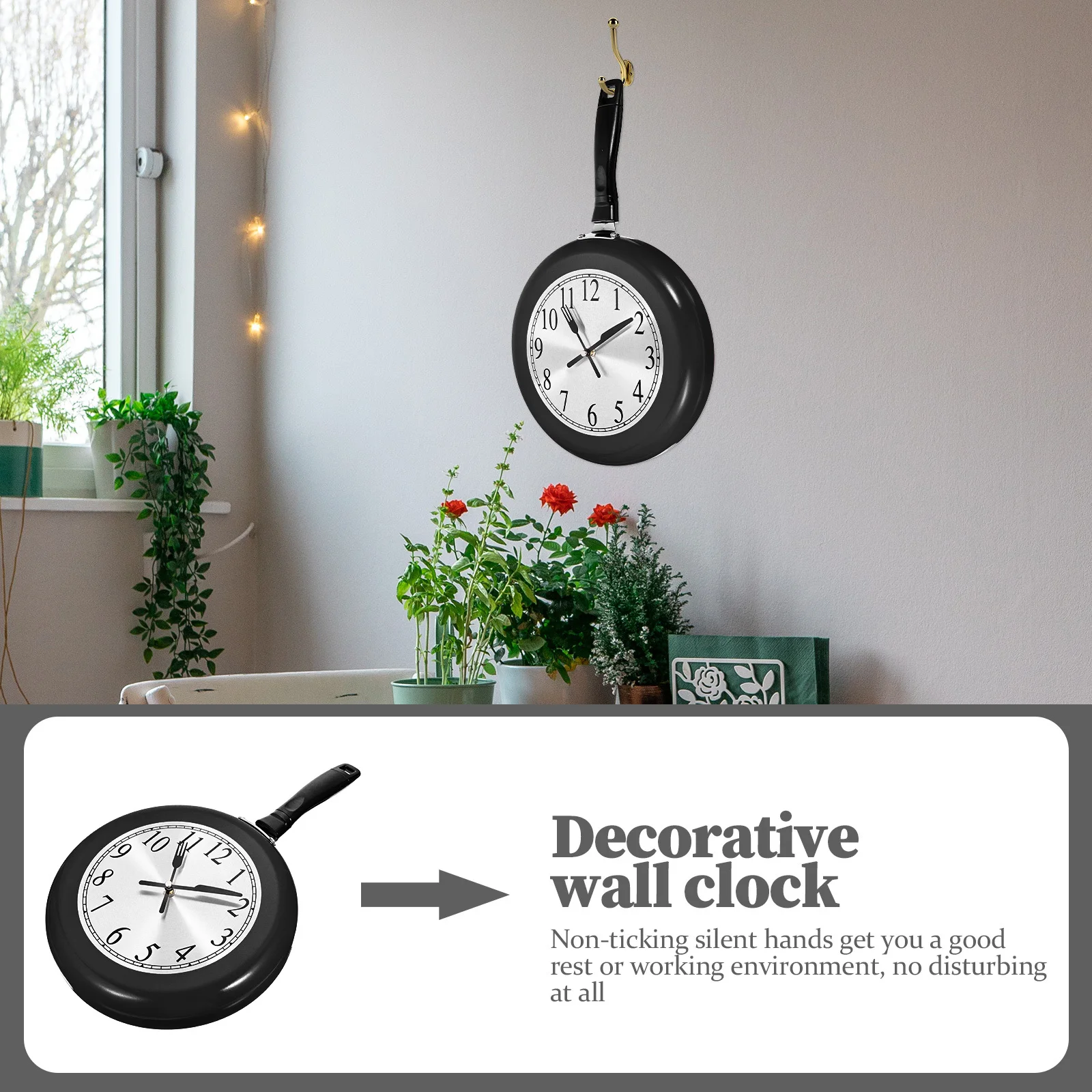 

1Set Frying Pan Wall Clock Decorative Silent Non-Ticking Mute Design Wall Clock for Home Living Room Kitchen Operated