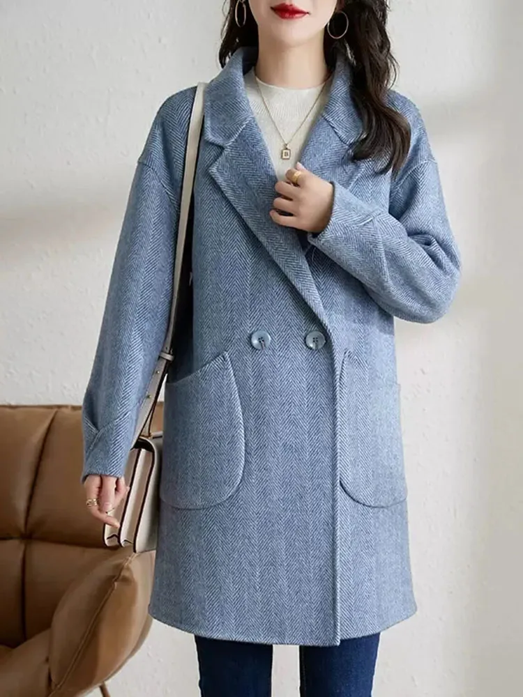 Elegant Lapel Loose Woolen Jackets Tops Women Casual Long Sleeve Wool Blend Coats Blusas Korean Fashion Solid Mid Length Abrigos