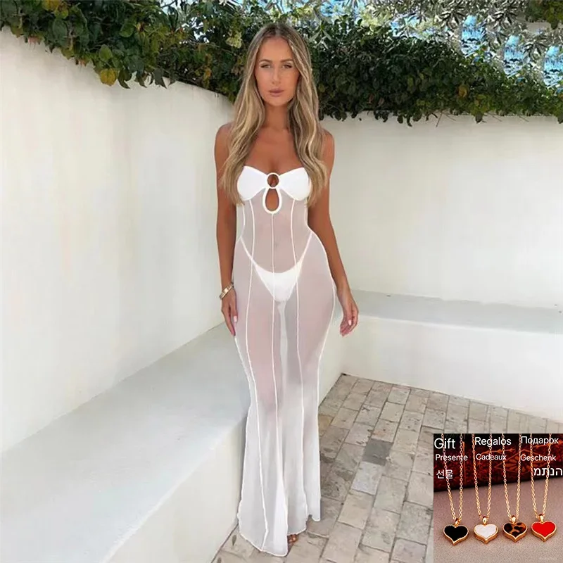 

2024 Summer Women Mesh Wrapped Chest Dress Sexy See Through Cut Out Slim Coquette Vacation Beach Style Robe Girls Party Vestido