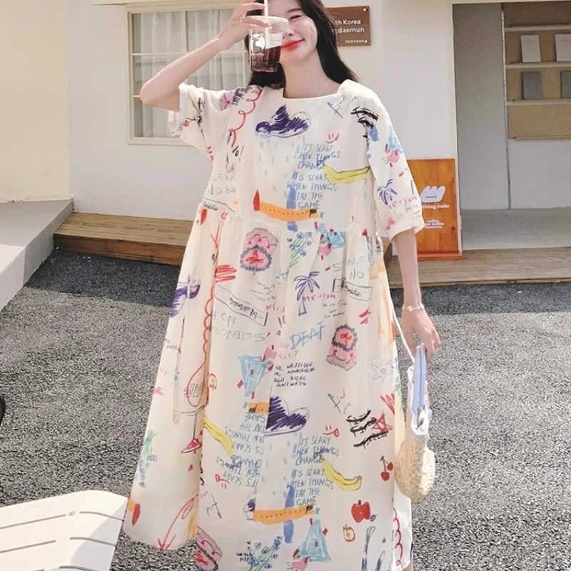 Novedad de verano, ropa de mujer, vestido colorido con dibujo grafiti de dibujos animados, dulce y fino, vestidos camiseros de longitud media con reducción de edad para mujer