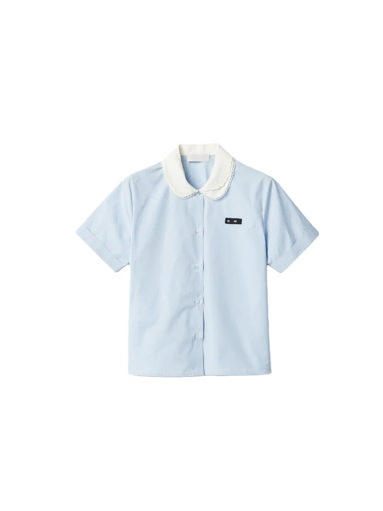

Spring 2026 Royalty High-End Embroidered Letter Patchwork Short Sleeve Shirt Women's Casual Style Breathable Cotton Shirt