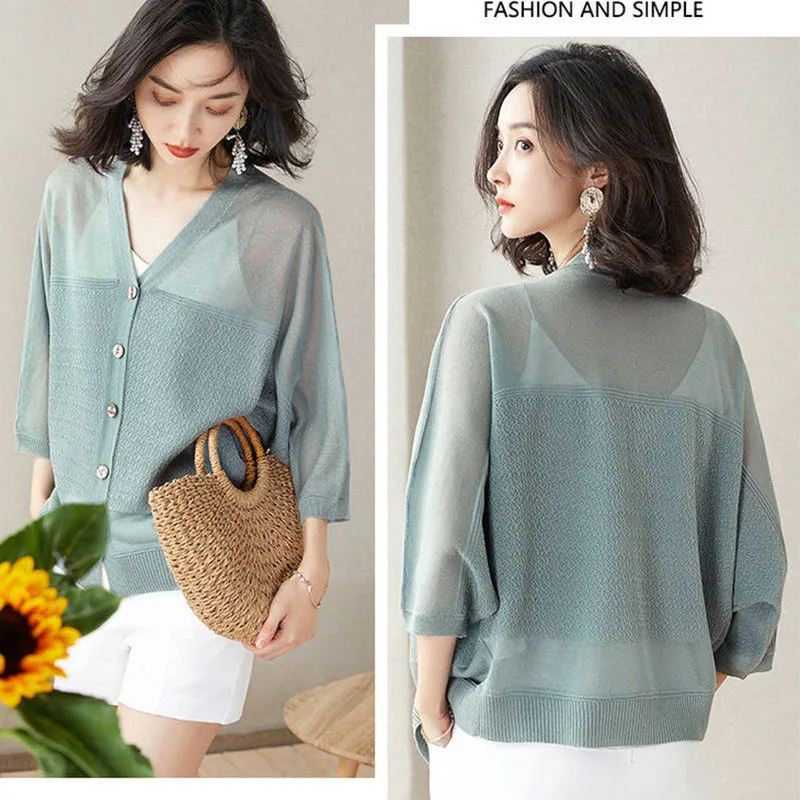 Women Summer Oversize Knitted Cardigans Outwear Loose Casual Ice Silk Cool Knitting Outwear Sun Protection Knitwear Female