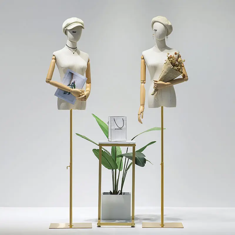 

Fabric Cover Female Half-Body Mannequin Wooden Arm Metal Base for Wedding Cloting Display Dress Form Adjustable Rack