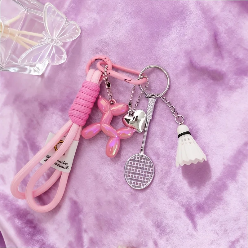 Cute Anti-Lost Badminton Couple Keyring Sporty Style Hanging Braided Rope Bag Balloon Dog Pendant Bag Decoration Trinket Knot Ke