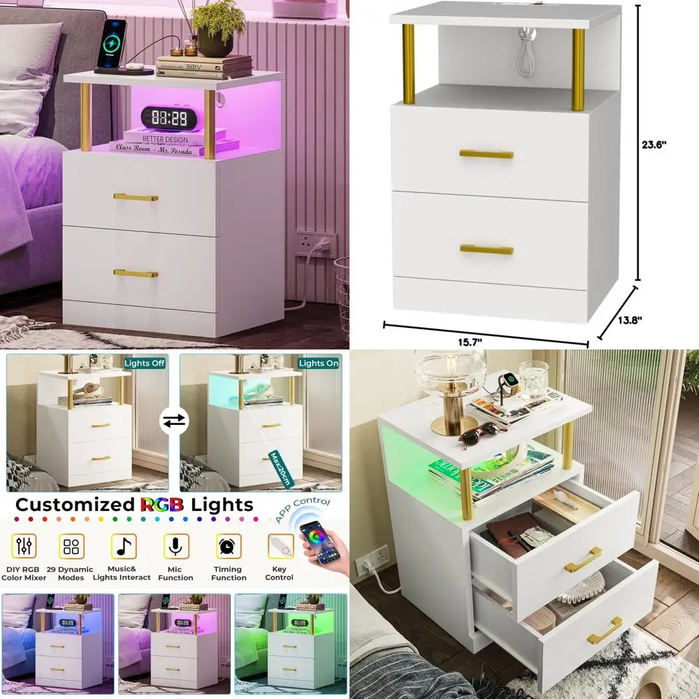 

contemporary white nightstand with charging station and usb ports, dual-drawer nightstand, modern side tables with open storage