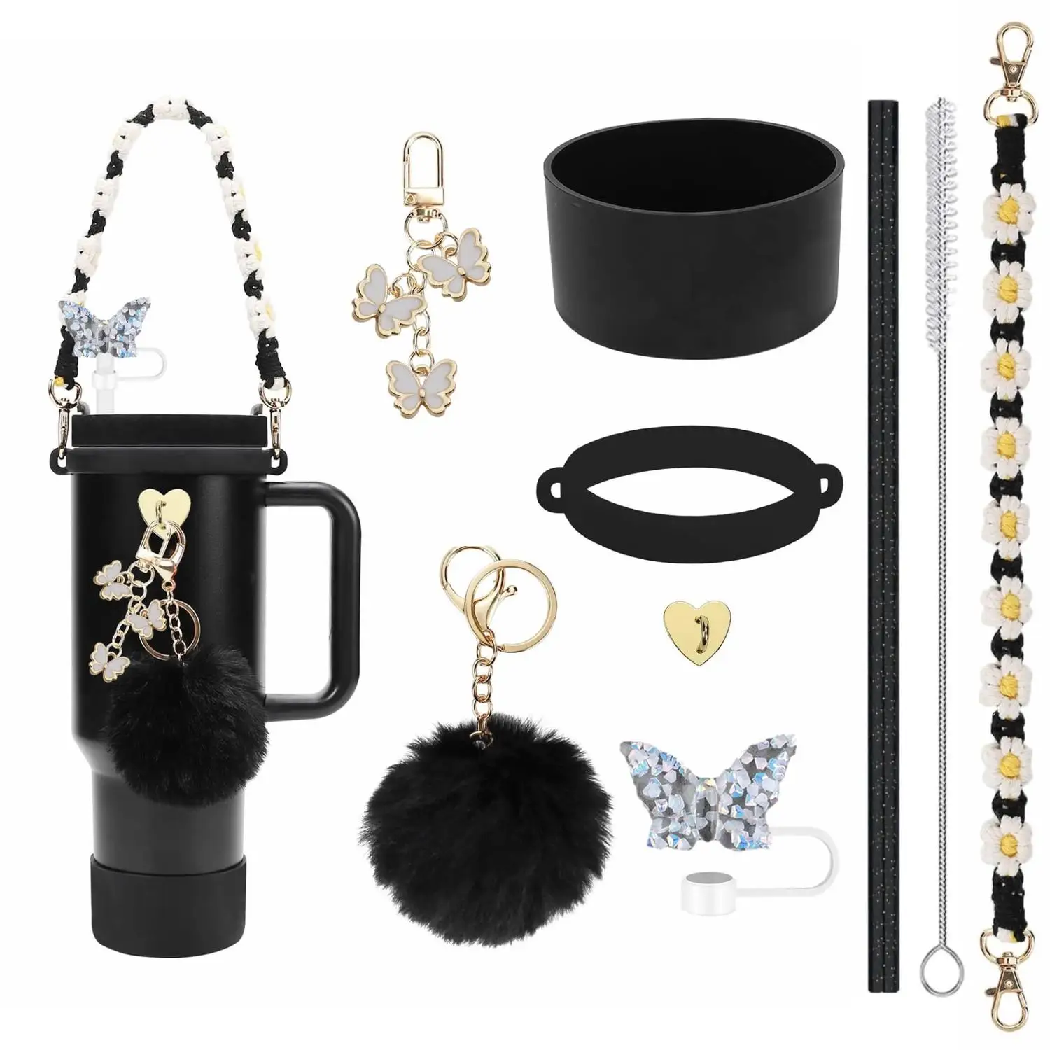 For Stanley Accessory Set - Straw Topper Butterfly Keychain Pendant Silicone Sleeve Flower Chain Ornaments for Insulated Tumbler