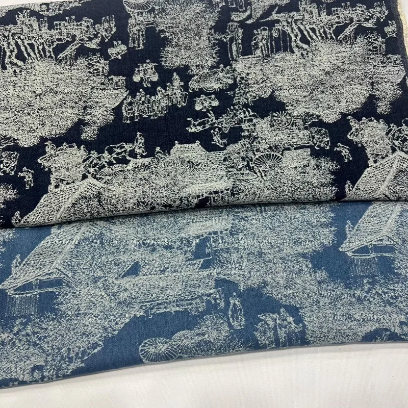 Qingming Riverside Scene Song Dynasty Happy Living Scene Water Washed Jacquard Cowboy Cross Cultural Street Design Fabric