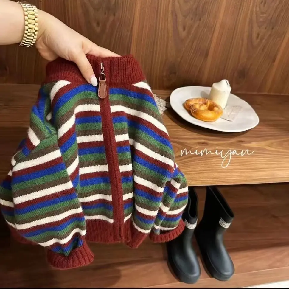 

New Autumn Sweaters For Baby Boys and Girls with Loose Contrasting Color Stripes and Autumn/Winter Knitted Cardigans