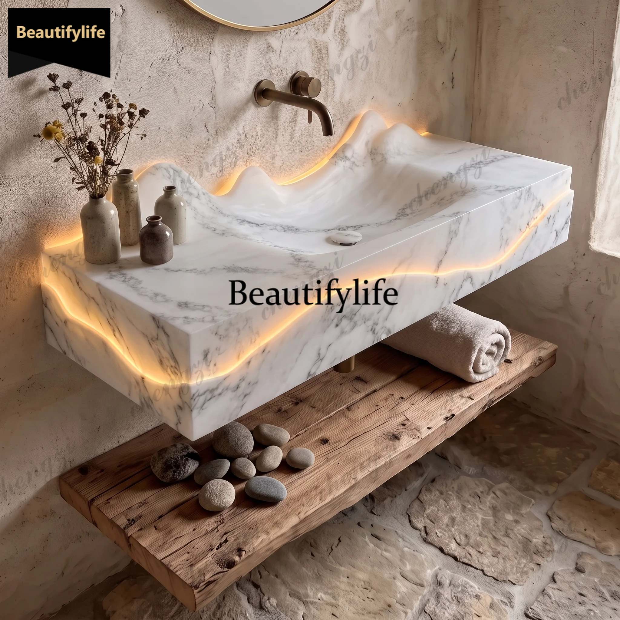 Suspended Landscape Waves Corian, Art Washbasin Wabi Sabi Wind Wall Hanging Bathroom Cabinet Artificial Stone Basin