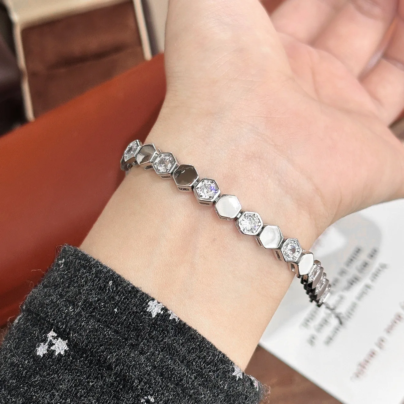 

Honeycomb Design Bracelet for Women, Sparkling Geometric Cuff Bangle, Elegant Minimalist Chain Jewelry Gift