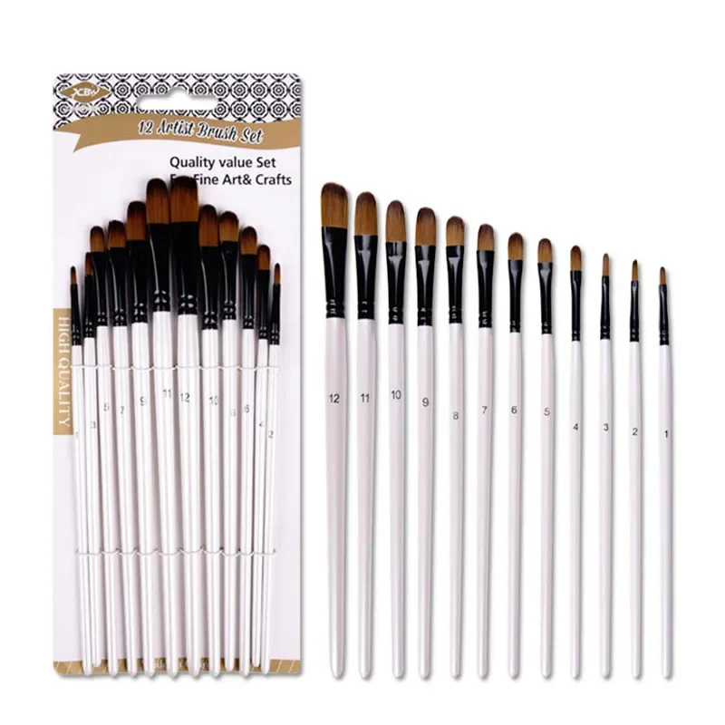 12 pcs Set Pearl bai Double Color Nylon hair long Birch pole Oil Painting Pen Nail round Watercolor Pen Affordable Art Supplies