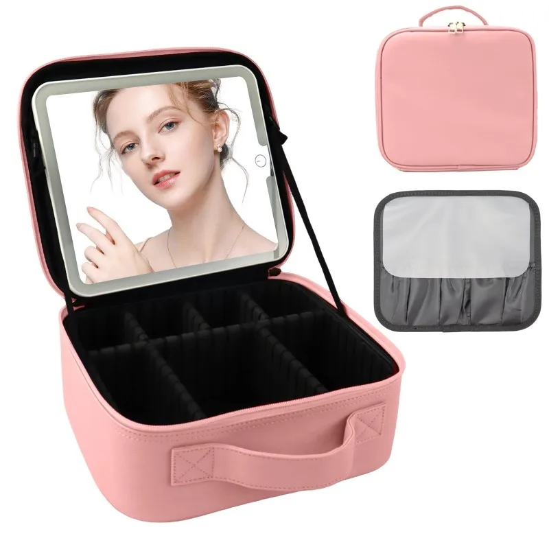 TEXU LED Mirror With Travel Makeup Bag, Portable Storage Bag Featuring Adjustable Divider For Storing Toiletries And Cosmetics