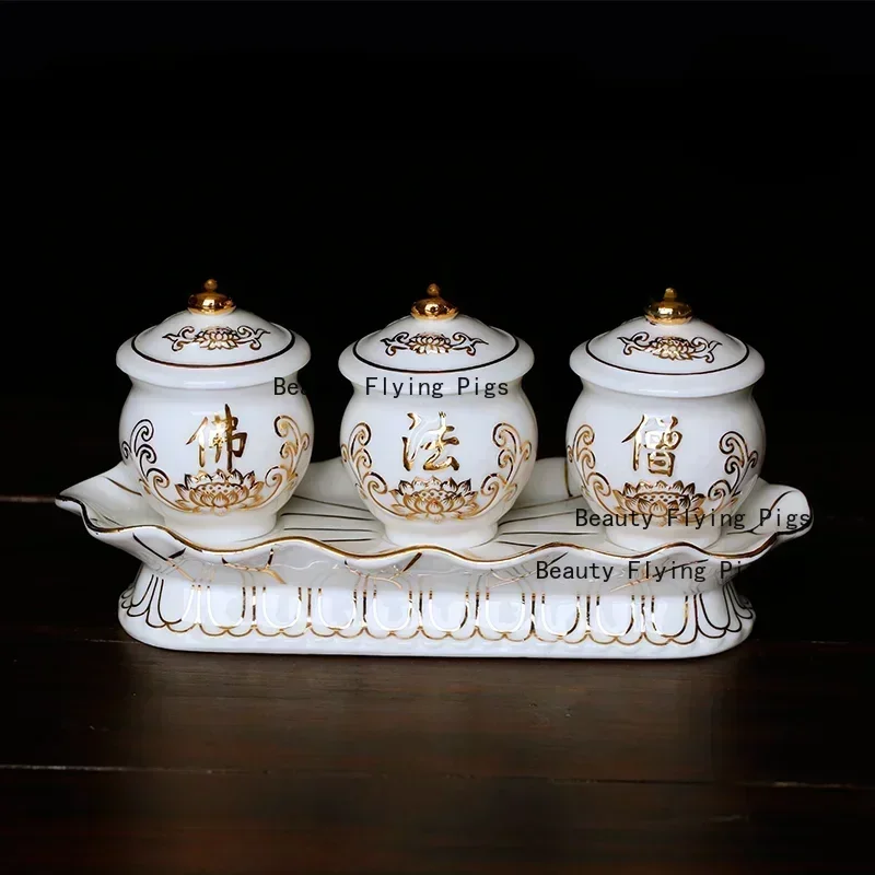Chinese ceramic Guanyin water supply cup, three supply cups, Buddha cup offering ornaments feng shui  Buddhism