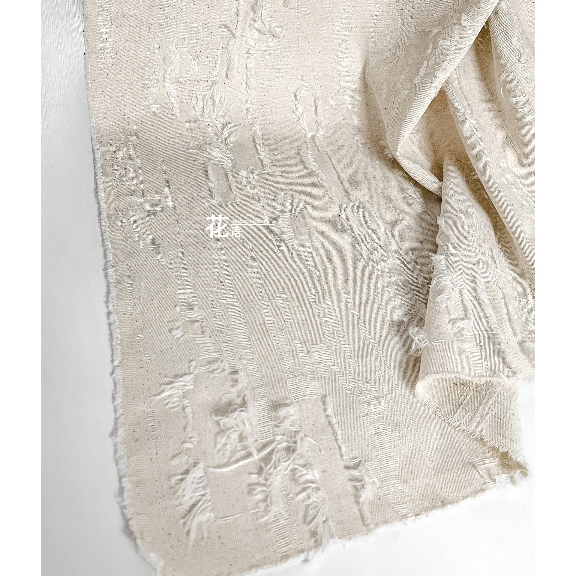 Natural Cotton Linen Jacquard Designer Fabric Washed Distressed Fringe for Handmade Garments and Custom Apparel