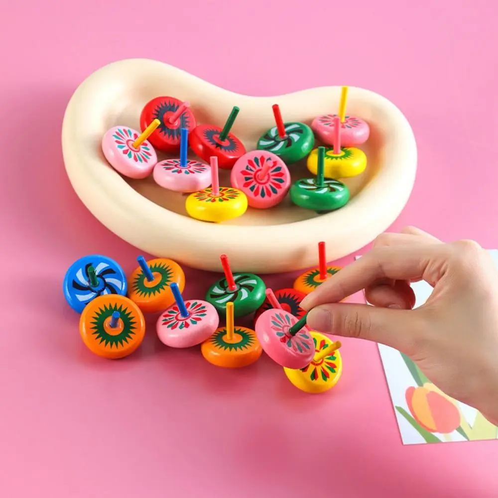 10Pcs Fun Wood Wooden Spinning Tops Vivid Colors Color Random Desktop Decompression Wood Gyroscope Birthday Gifts