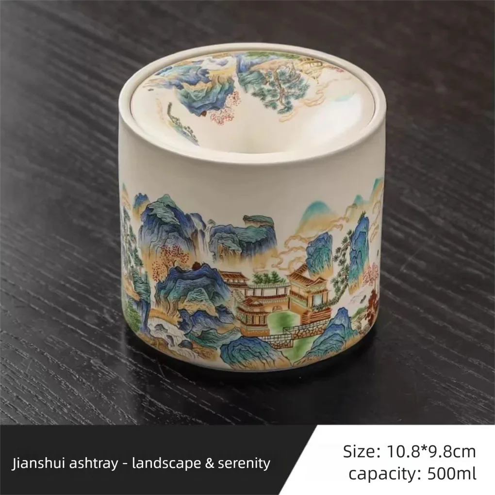 Chinese National Trend Ru Kiln Funnel-shaped Ashtray with Lid to Prevent Ash Flying, Home Living Room Ceramic Tea Dregs Water Ba