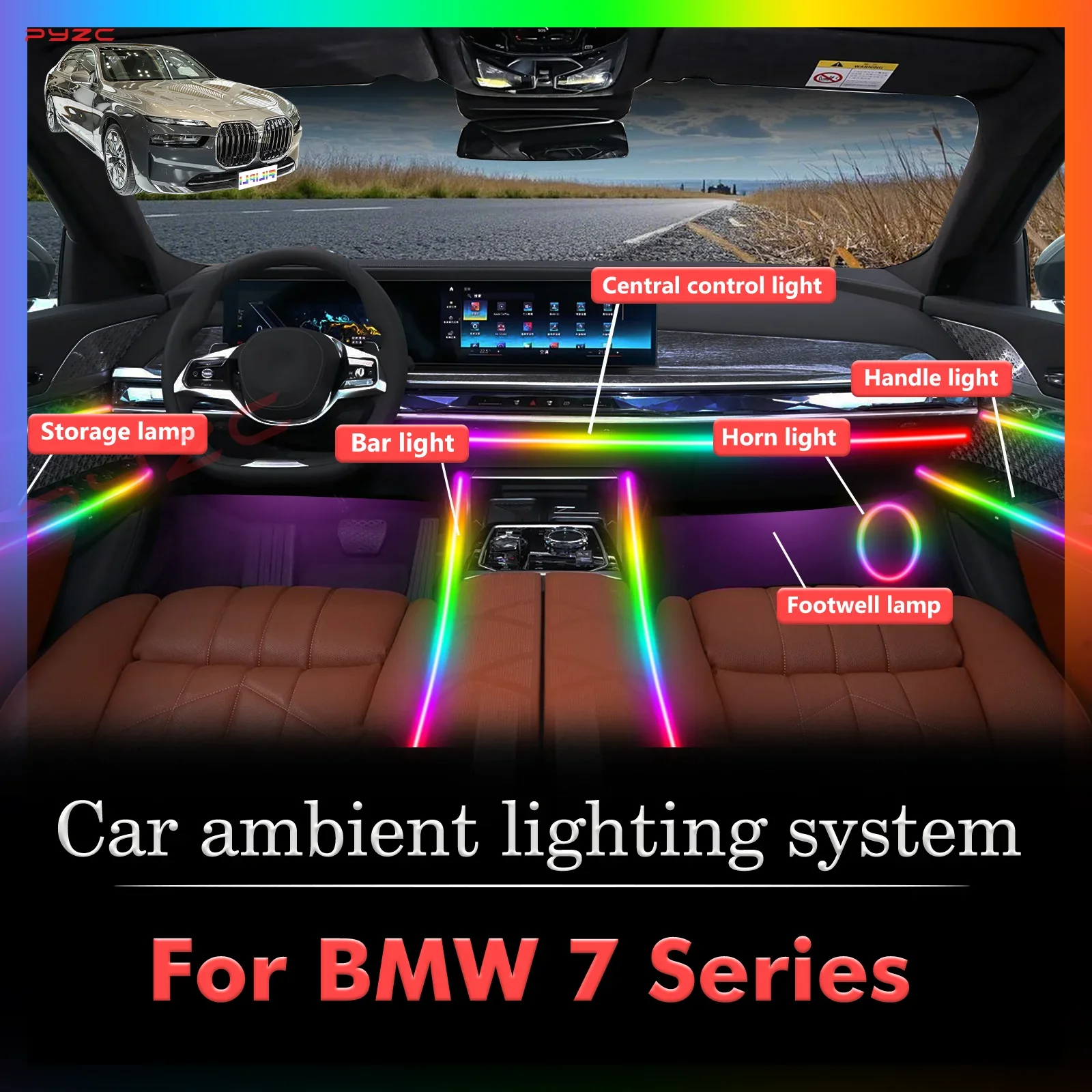 

Для BMW 7 серии салон автомобиля, окружающее освещение для настроения, RGB, 64-цветный светодиодный умный пульт дистанционного управления, атмосферная лампа, энергосберегающий комплект