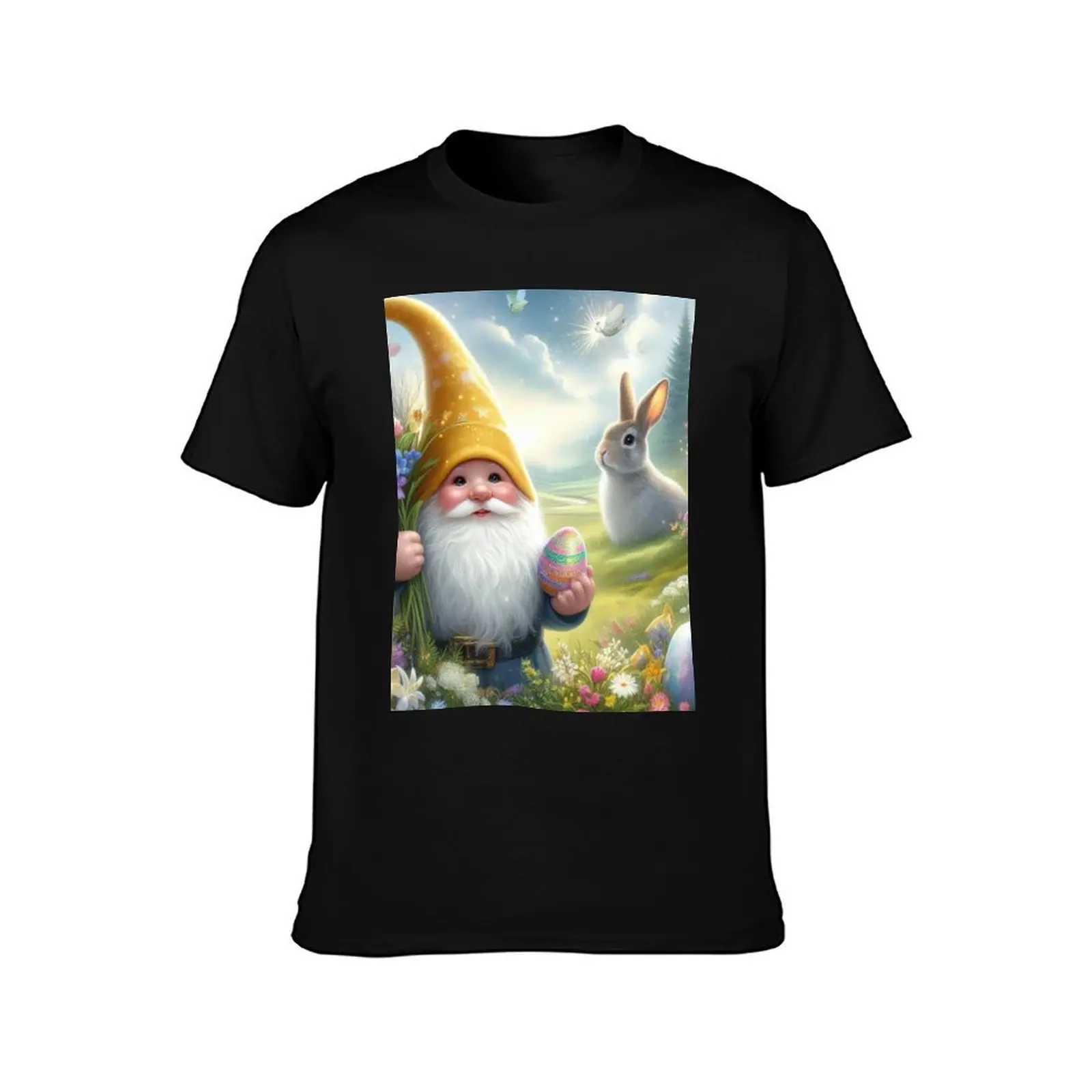 gnome with flowers and with egg happy magical easter landscape T-Shirt, Summer Casual Cotton Tee, Oversized Streetwear Tops
