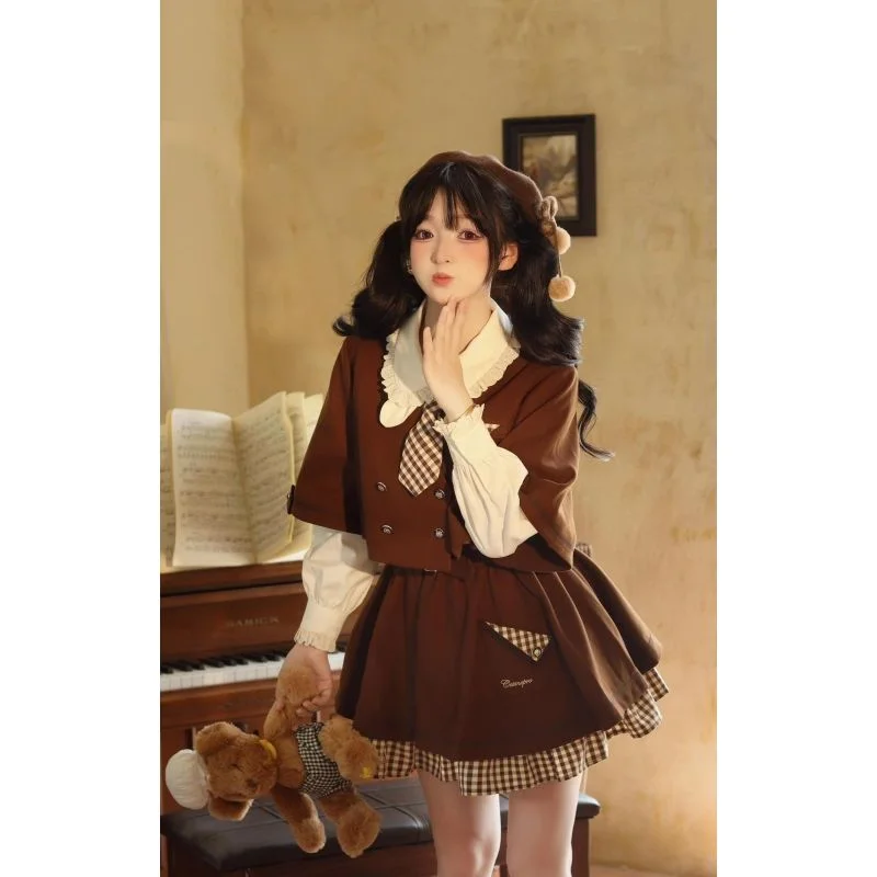 Winter Kawaii College Style New 3 Piece Set Women Brown Coat+sweet Blouse+plaid Mini Skirt Female Japanese Vintage Cute Set 2024