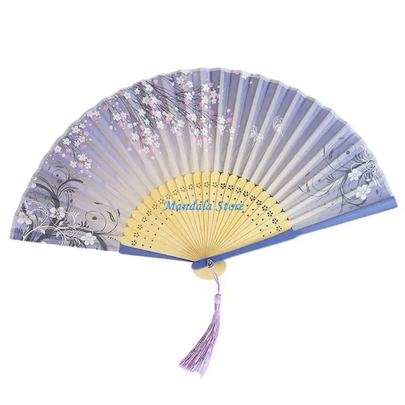 U2JC Imitation Silk Folding Hand Fan For Women Traditional Dance Performances Props