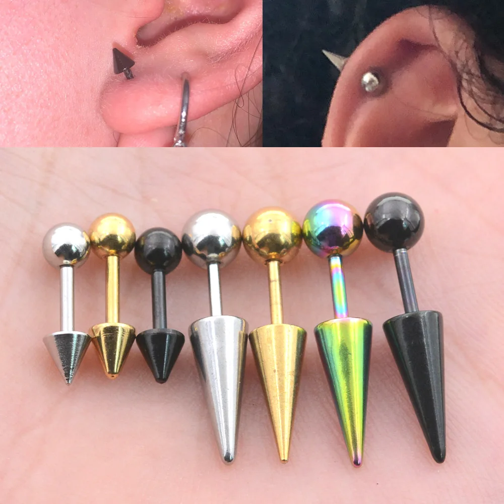 2Pcs 16G Bar Gothic Short Long Spike Cone Earrings Cartilage Helix Piercing Stud Demon Nail Devil Tragus Ring Aretes Ear Jewelry