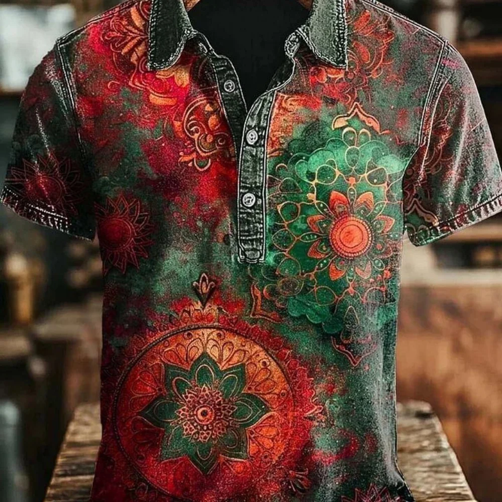 Men's printed polo shirt summer short sleeved casual black 3D metal chain printed Henley shirt retro streetwear plus size top