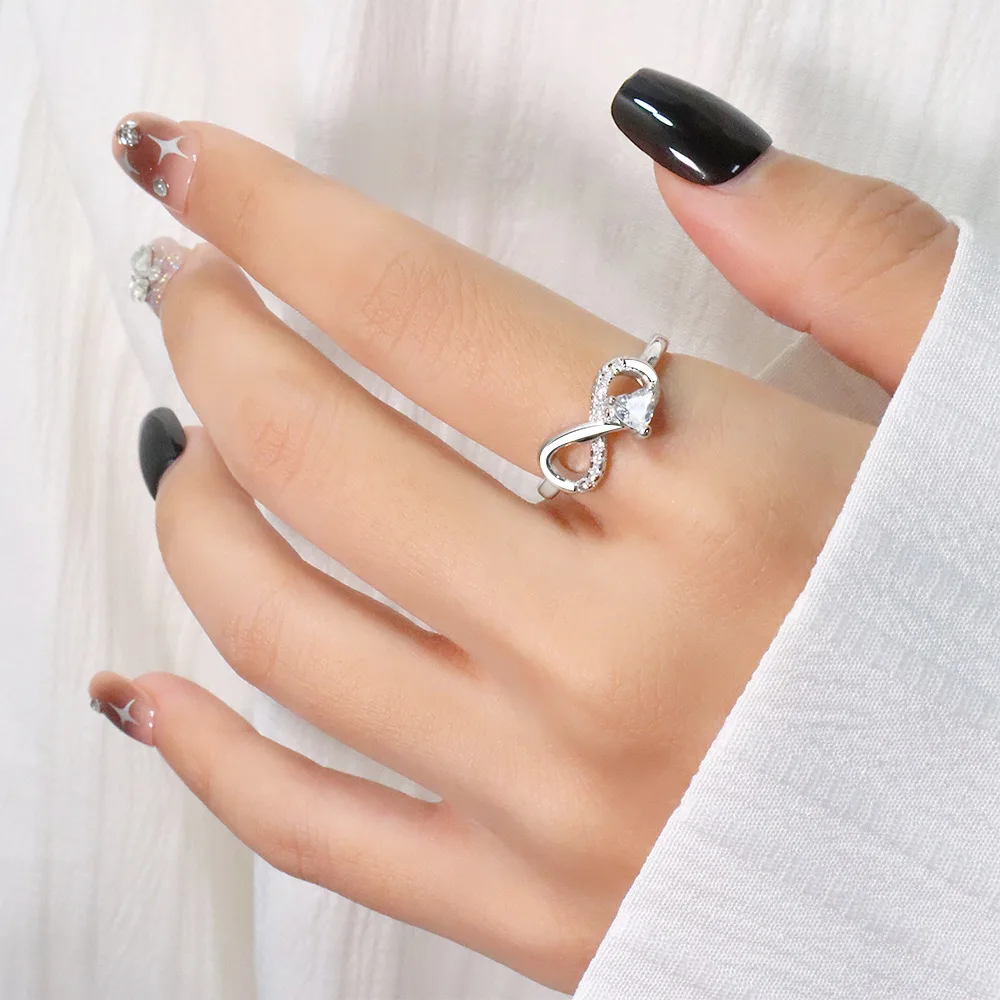 Eternal Love Embracing Zircon Ring Simple 8-Character Infinite Symbol Heart Shaped Ring Creative Valentine's Day Gift Jewelry