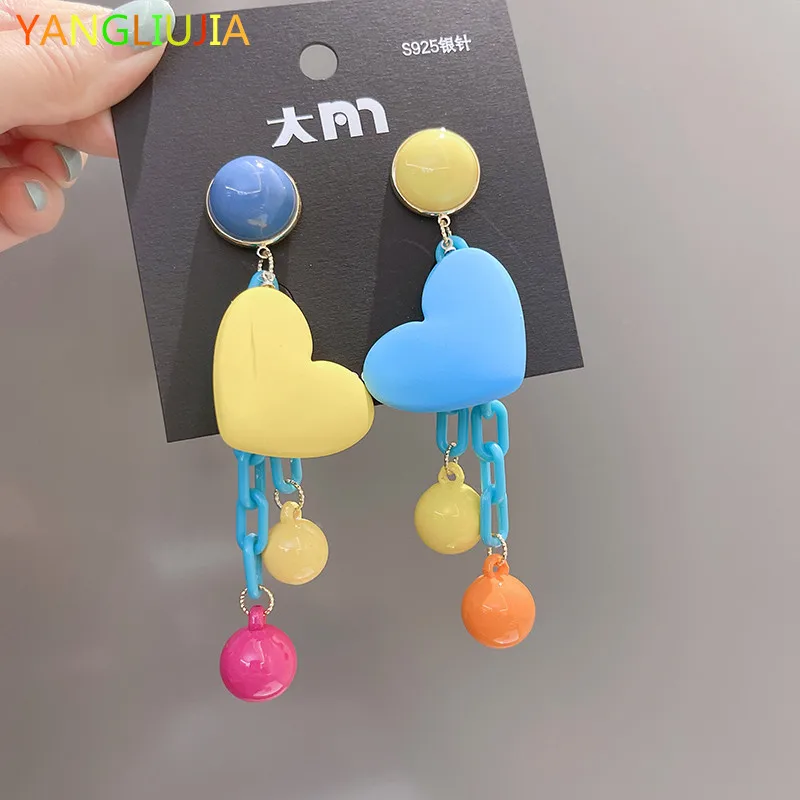 Colored Heart-shaped Long Pendant Earrings European American Style Personality Fashion Tassel Earrings Girl Party Accessories