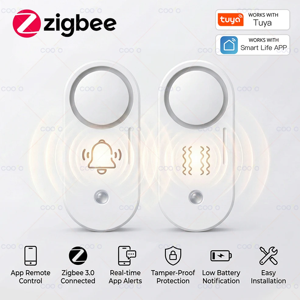 Tuya Zigbee Smart Vibration Siren Sound Light Siren Sensor,110dB Audio Alarm Battery Powered work with Smart Life HA Zigbee2MQTT