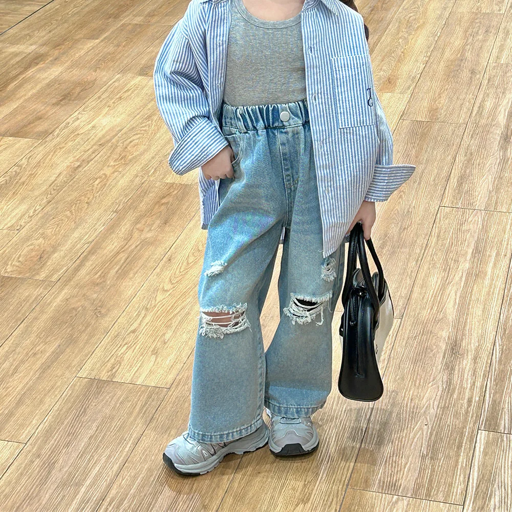 

Girls Ripped Jeans Retro Spring and Summer Children's Mopping Pants Old Denim Straight-leg Pants High-waisted Wide-leg Pants