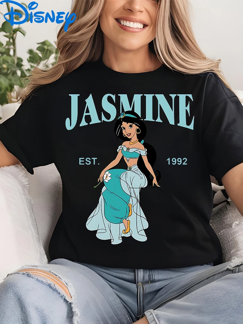 Disney Jasmine Princess Retro 1992-Muster Damen-Kurzarm-T-Shirt Schwarz Lässiges Rundhals-Stretch-Stoff Tägliches Partykleid