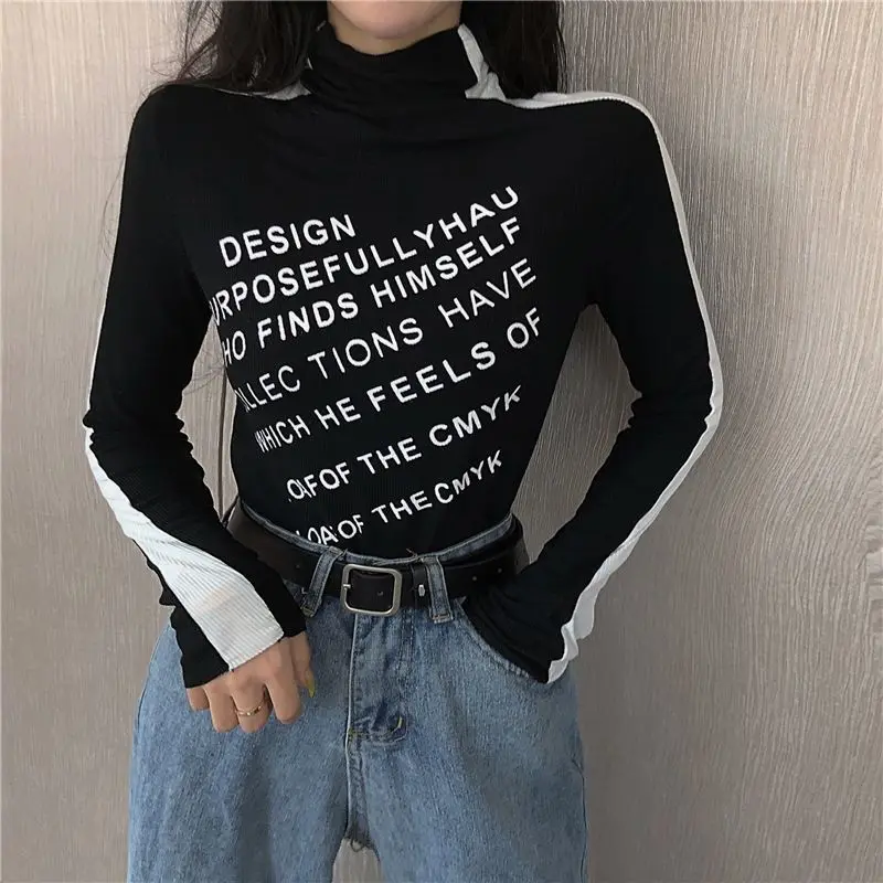 Print Turtleneck Long Sleeve T-shirts for Women Elegant Skinny Autumn Tops Ropa Mujer Sexy Harajuku Korean Fashion Retro Females