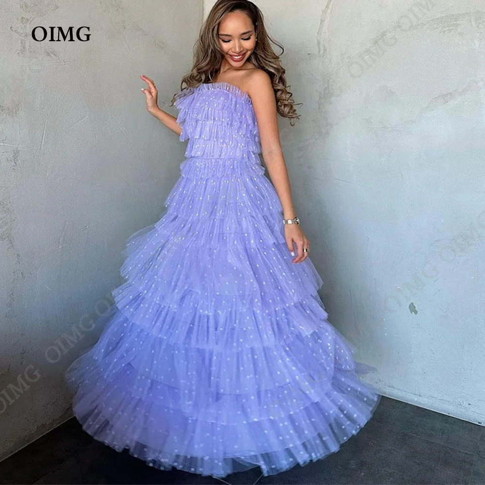 

OIMG Luxury Lavender Dotts A Line Tulle Evening Party Dresses Strapless Tiered Sleeveless Women Prom Gowns Dress Vestidos