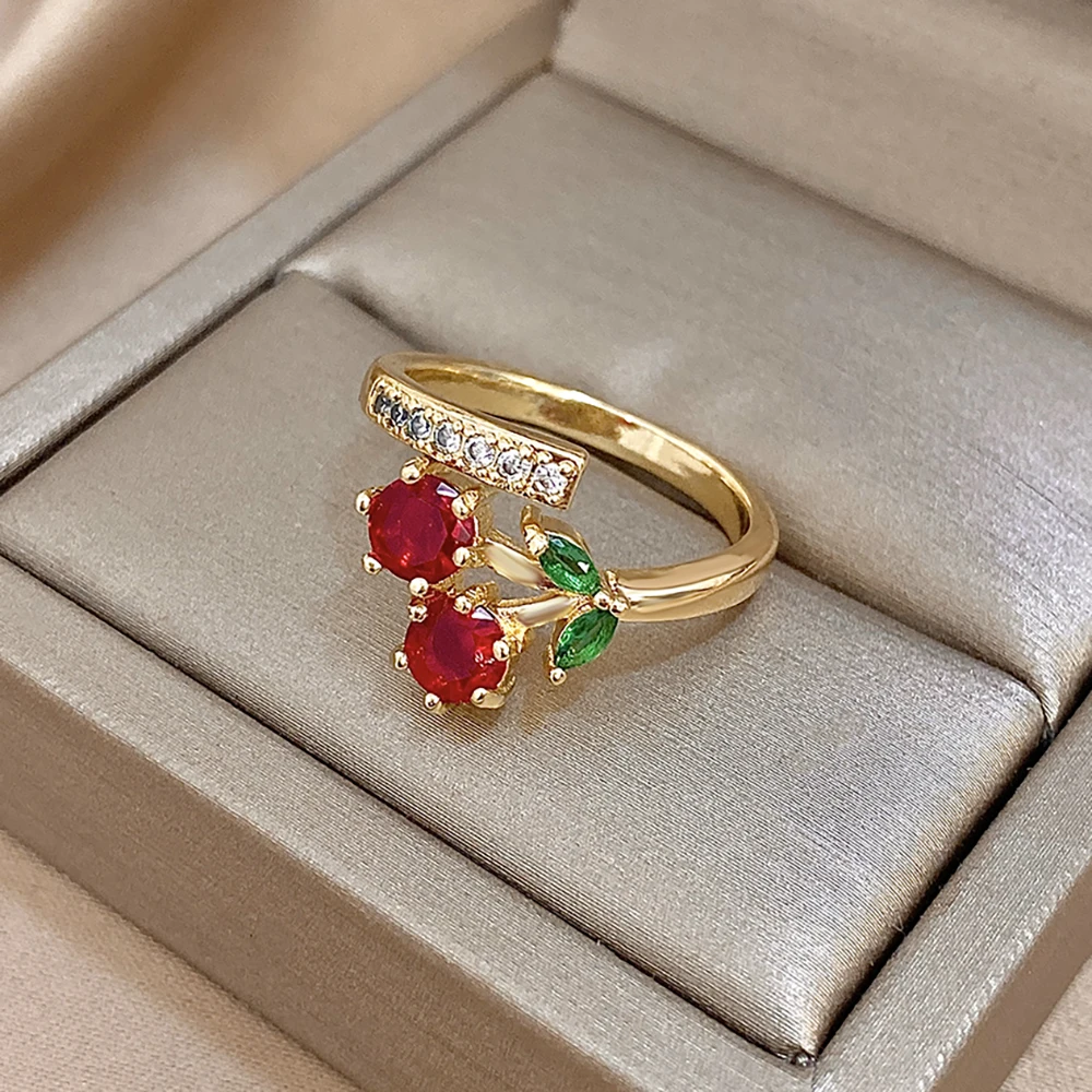 Cute Sweet Inlaid Red Zircon Cherry Shaped Stainless Steel Metal Rings Lovely Fruit Cherry Finger Ring for Women Girl